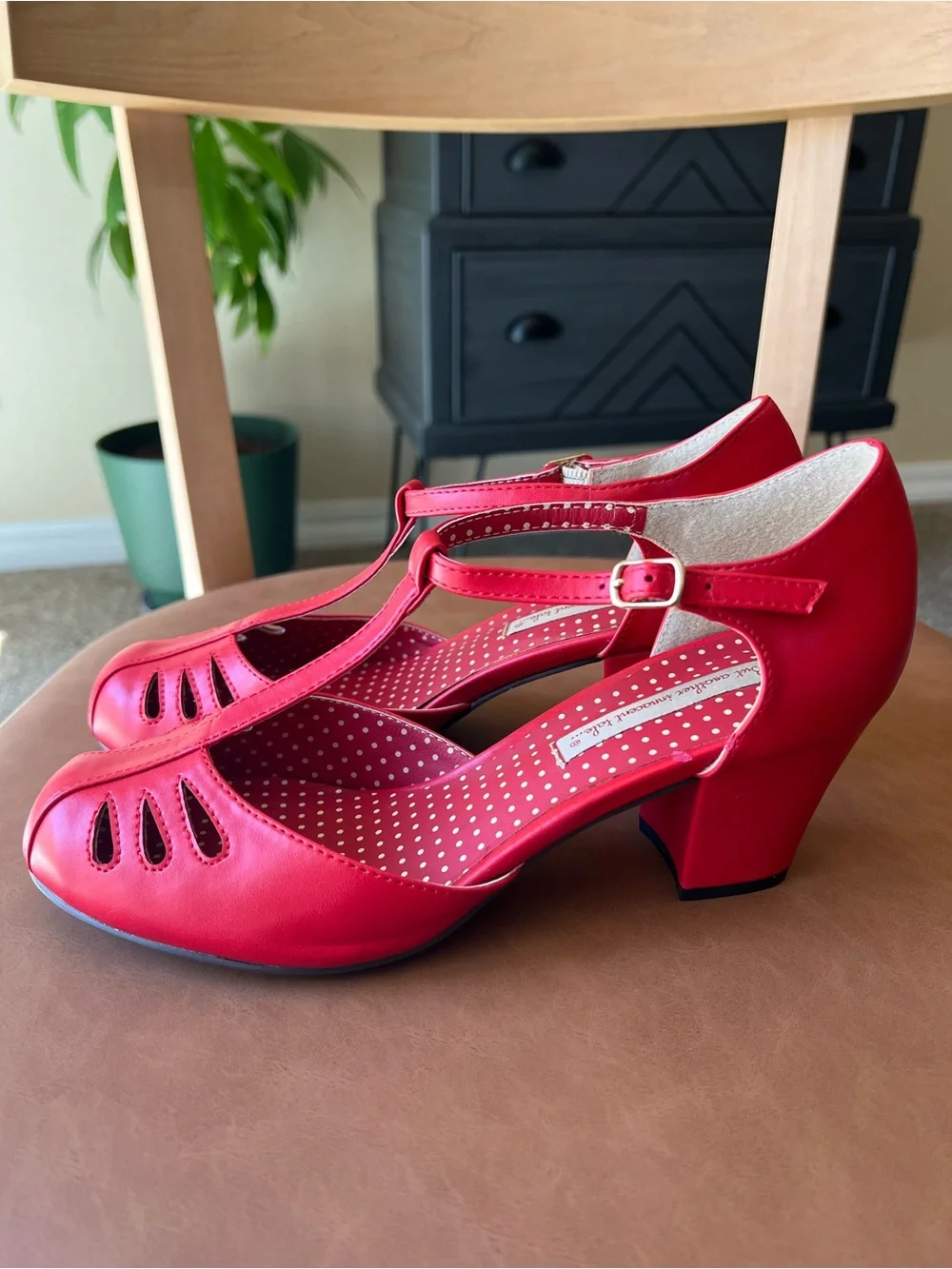 BAIT - Red T-Strap Women's Dress Heels - Vintage-Inspired